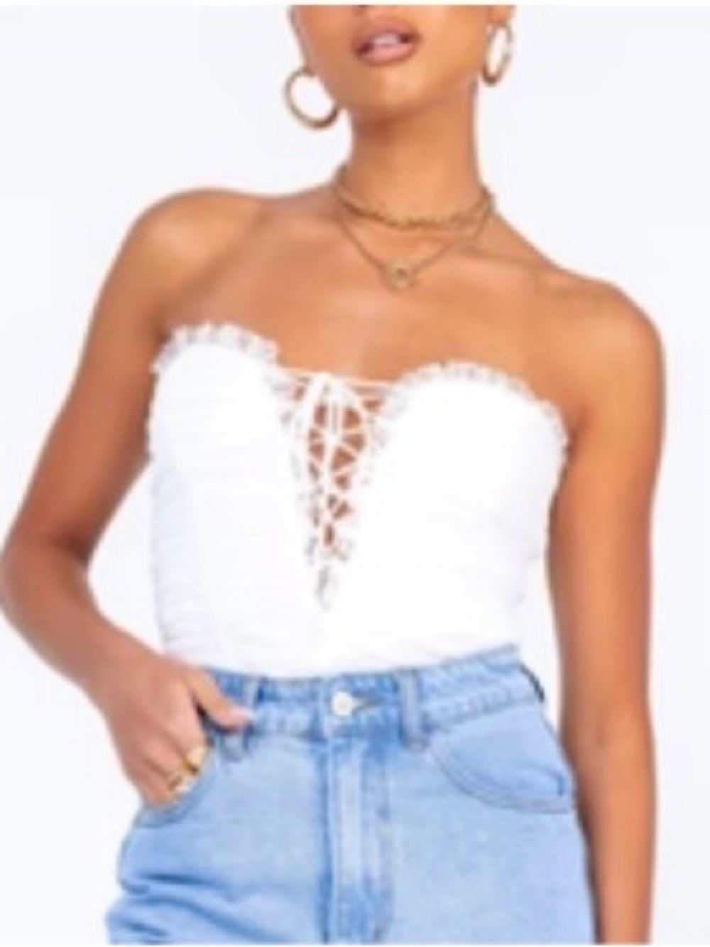 Elysia Strapless White Lace-Up bodysuit